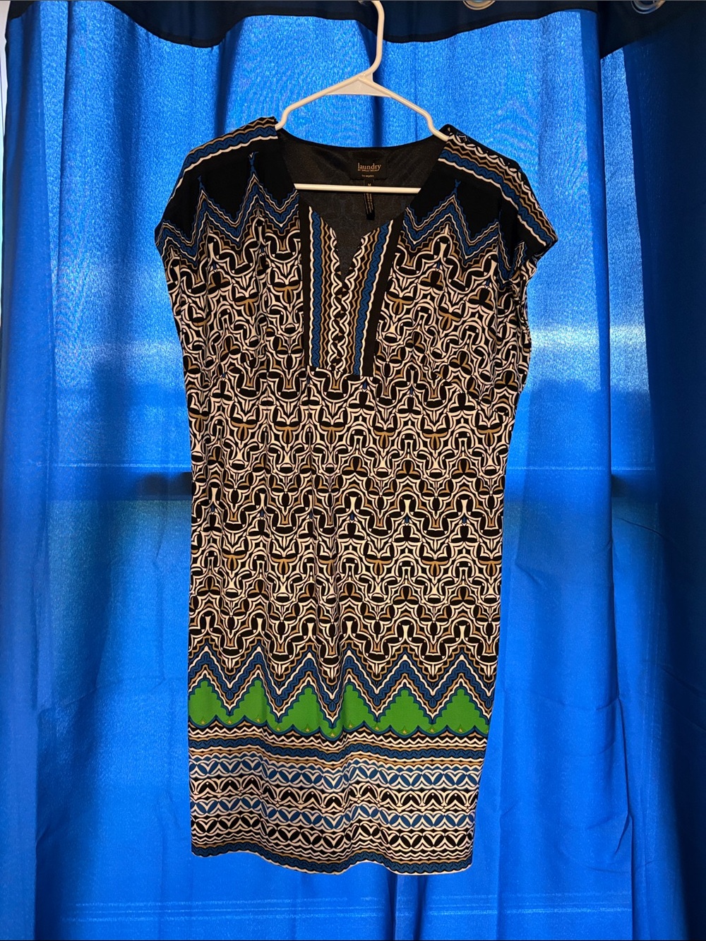Laundry By Shelli Segal Black, Blue & Green Patterned Midi Dress